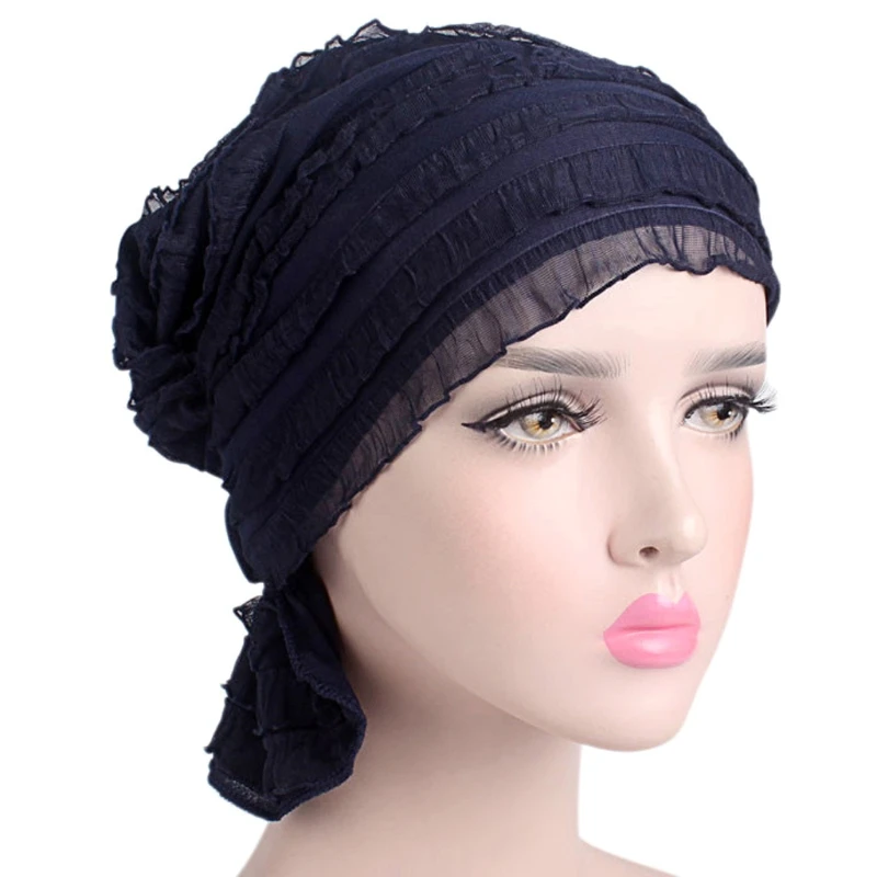 Women Turban Ruffle Cap Vintage Beanie Headscarf Elastic Pleated Ruched Headwrap