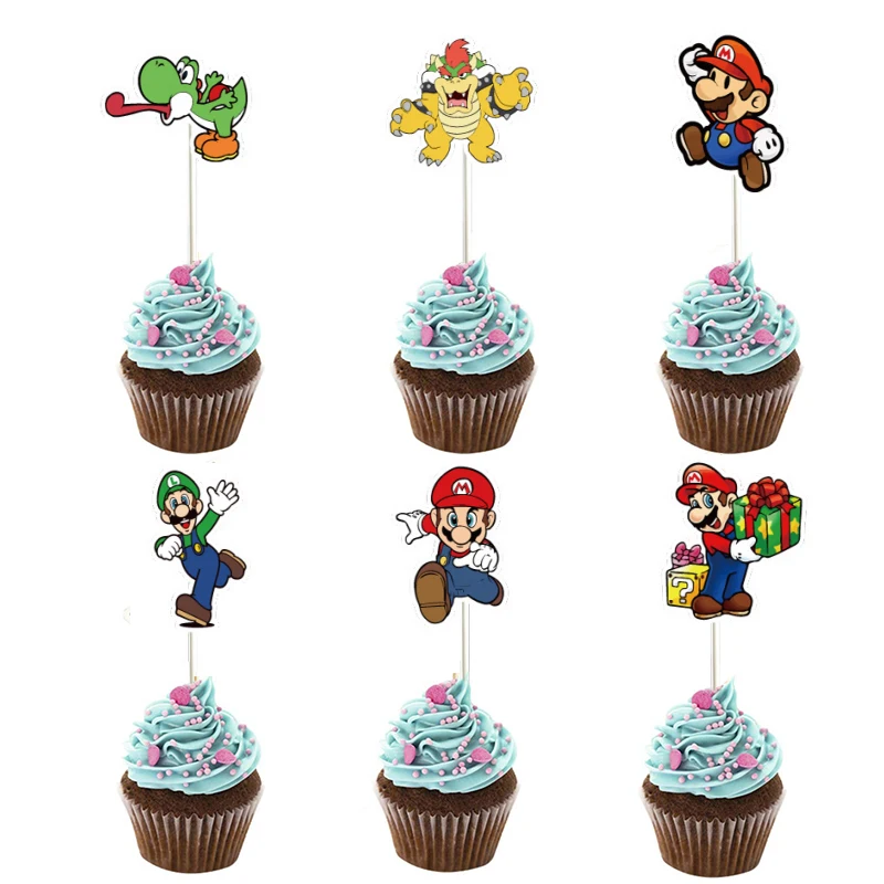 

24PCS Super Mario Cupcake Toppers Mario Bros Luigi Yoshi Bowser Action Figure Cake Insert Birthday Party Cake Decoration Supply