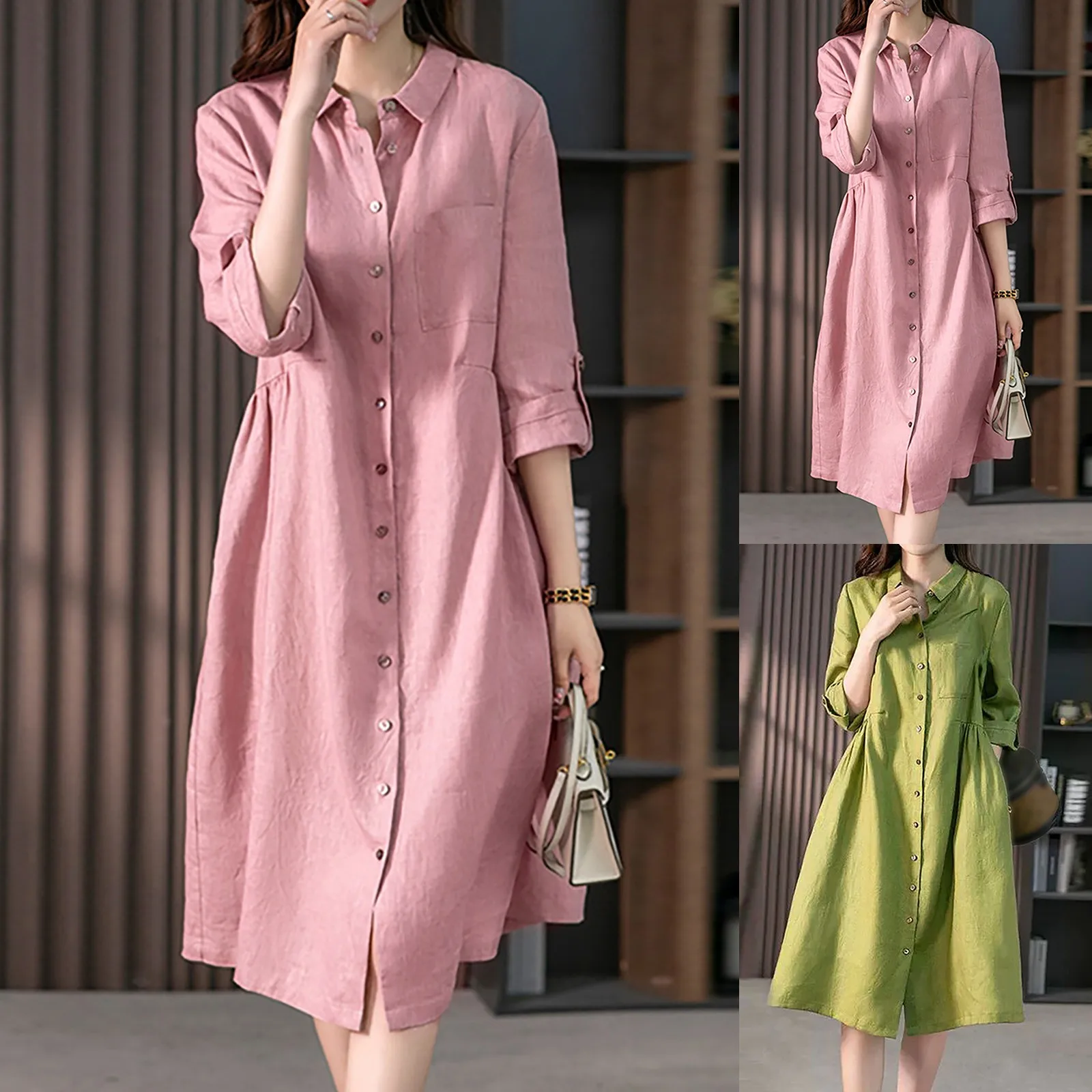 

Женское платье-рубашка на пуговицах, однотонное платье ниже колена, платье с цветочным принтом, длинное Повседневное платье для женщин
