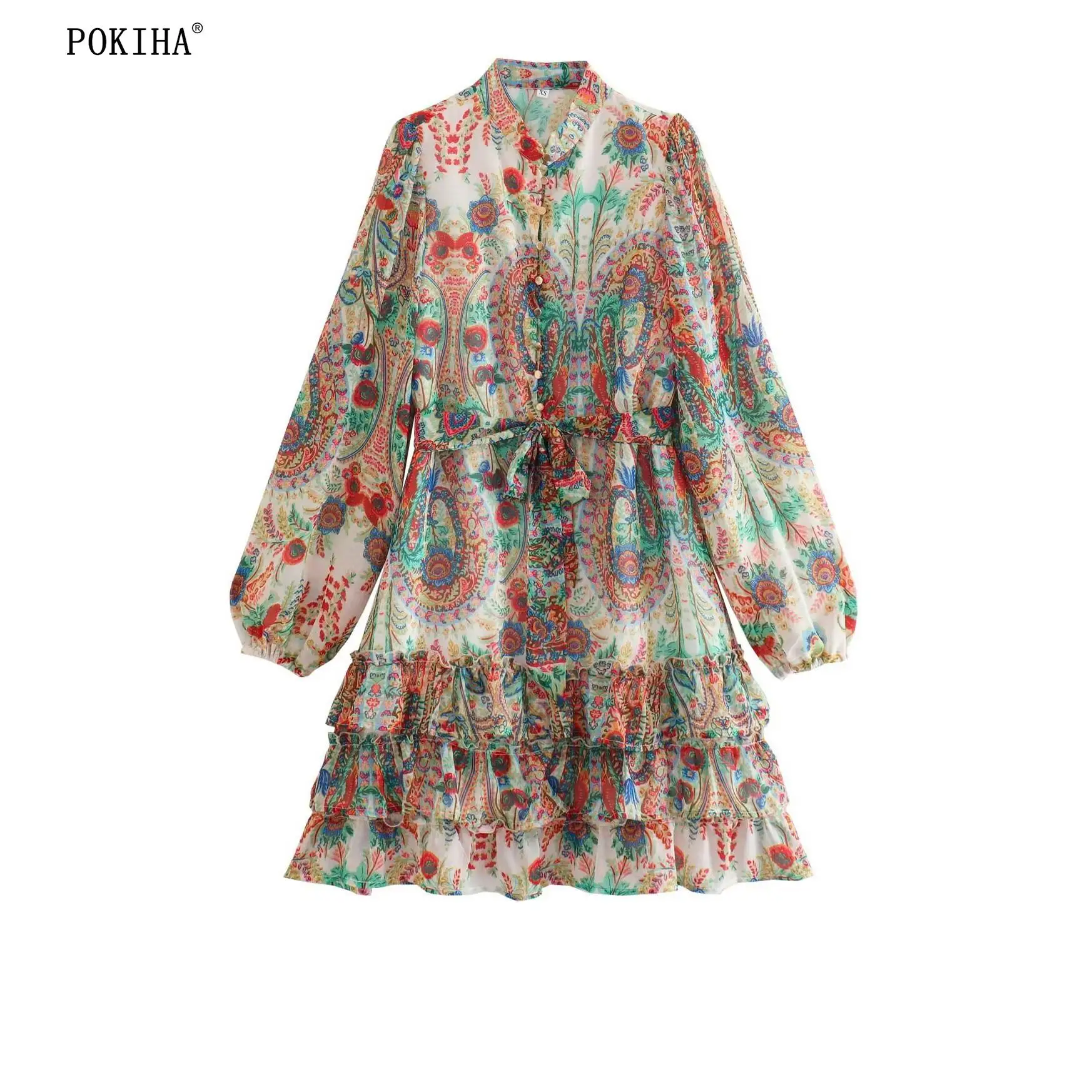 

Pokiha 2023 модное женское винтажное шифоновое платье с принтом на шнуровке с оборками и длинным рукавом Мини женское шикарное Повседневное платье