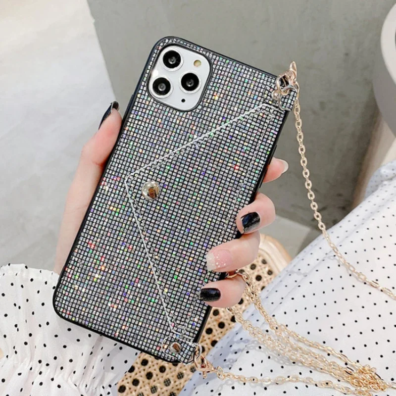 

New Luxury Sequined Phone Case for iphone13promax Can Insert Card Wallet XR XSMAX 8plus Oblique Straddle 11pro Protection Cover