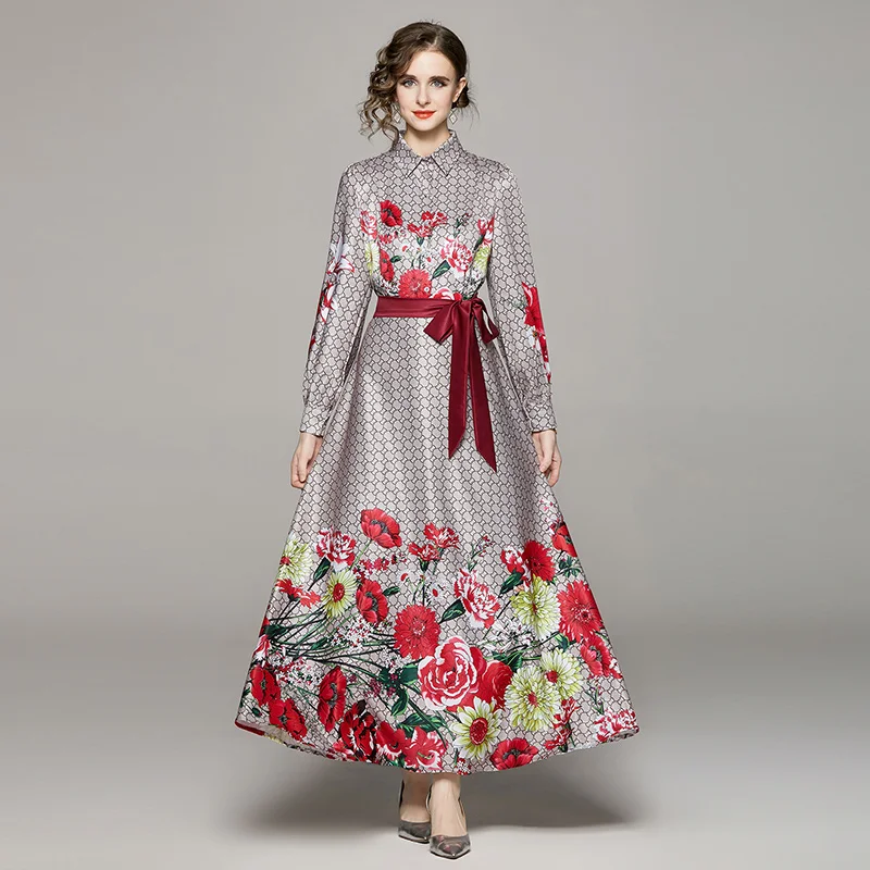 

Spring Runway Vintage Floral Print Collar Long Sleeve Empire Waist Women Ladies Party Casual Party A-Line Midi Dress T2019