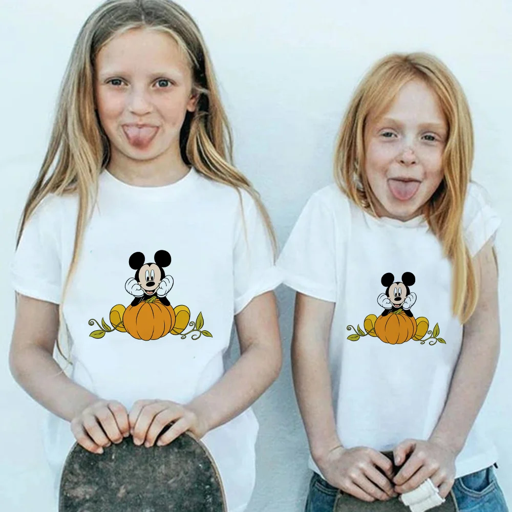 

Mickey and the Pumpkin Halloween Dress Up Disney White Short Sleeve Kids T-Shirt Minimalist Hot Sale Four Seasons Kids Top