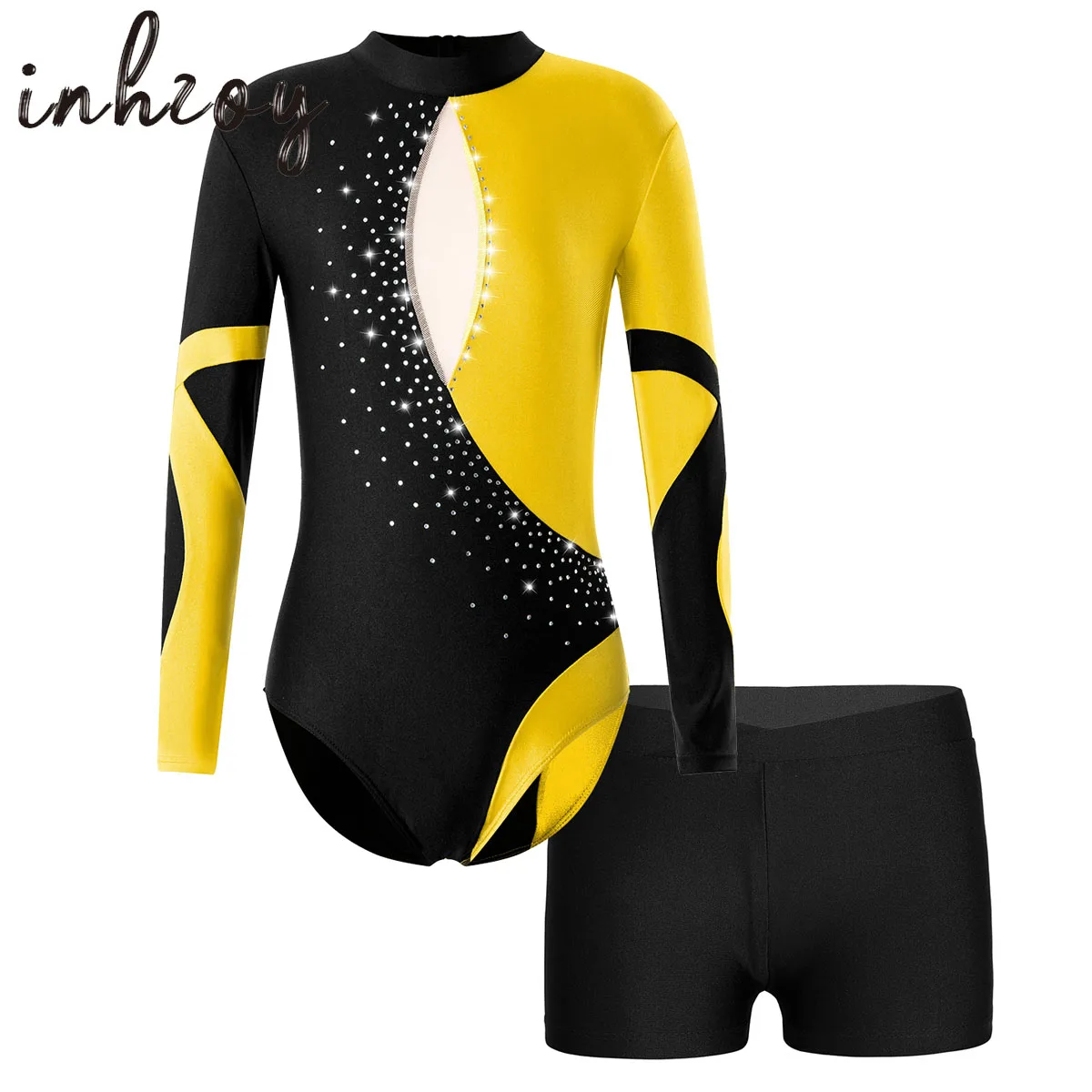 

Kids Girls Ballet Sets Long Sleeve Gymnastics Workout Outfits Rhinestone Leotard Bodysuit with Shorts Dance Costume Outfits