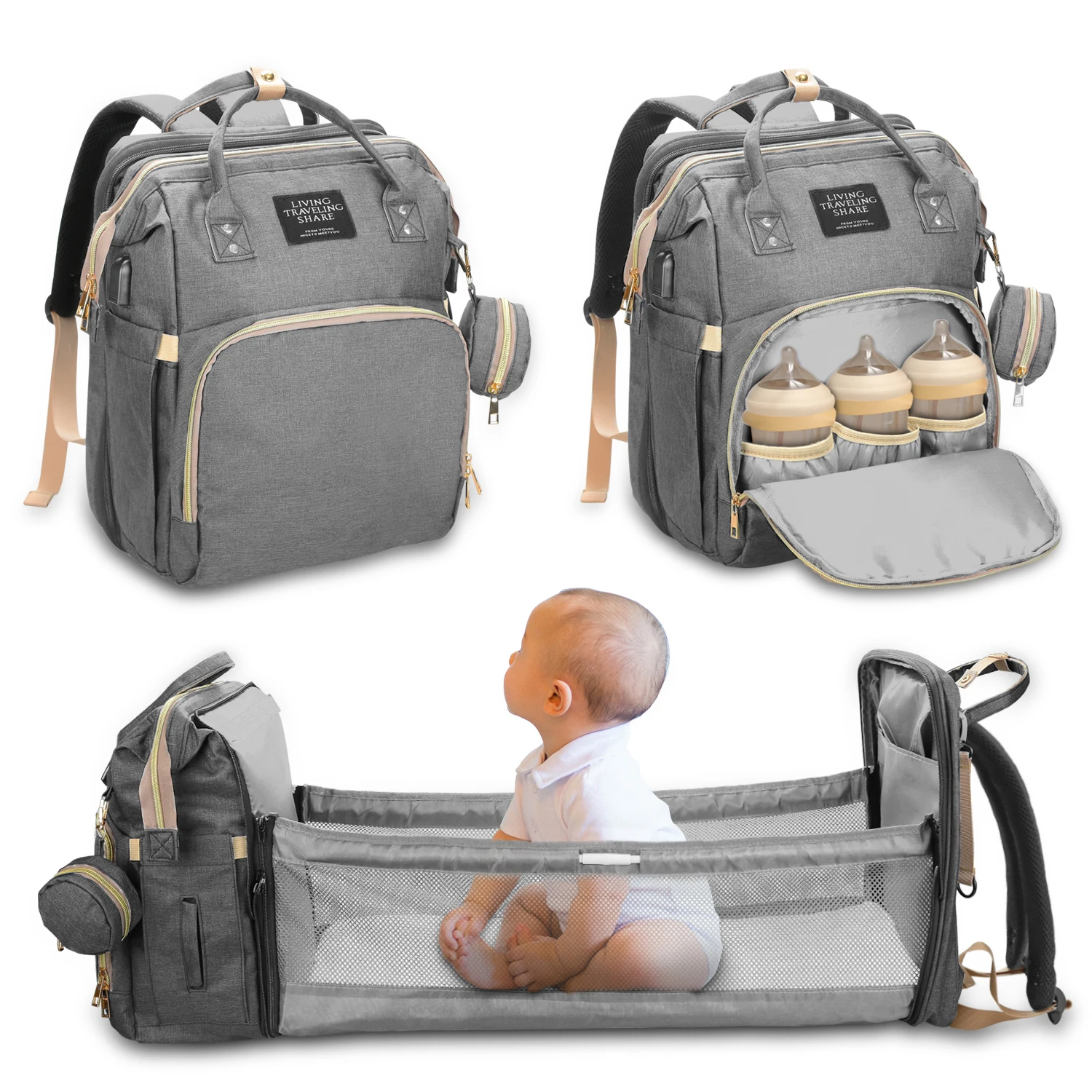 

Baby Diaper Bag Folding Mummy Bag Lightweight Portable Folding Crib Bed Large-capacity Baby Backpack Female Mommy Outting Bag
