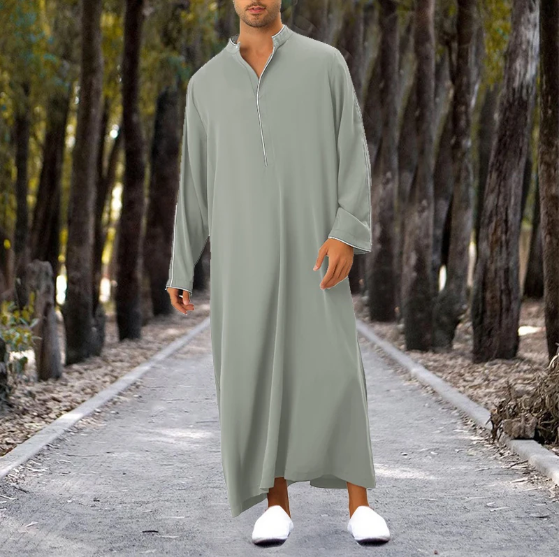 Men's Long Shirt Muslim Robe Islamic Ramadan Juba Kaftan Dishdash Arabic Robe Eid Al-Fitr Umra Hajj T-shirt Dress Men's Coat