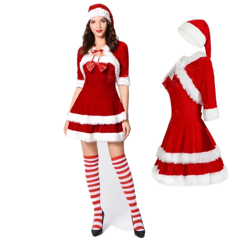

Women Christmas Costume Cosplay Cute Santa Claus Outfits Xmas Sexy Dress Shawl Hat Christmas Dresses Set