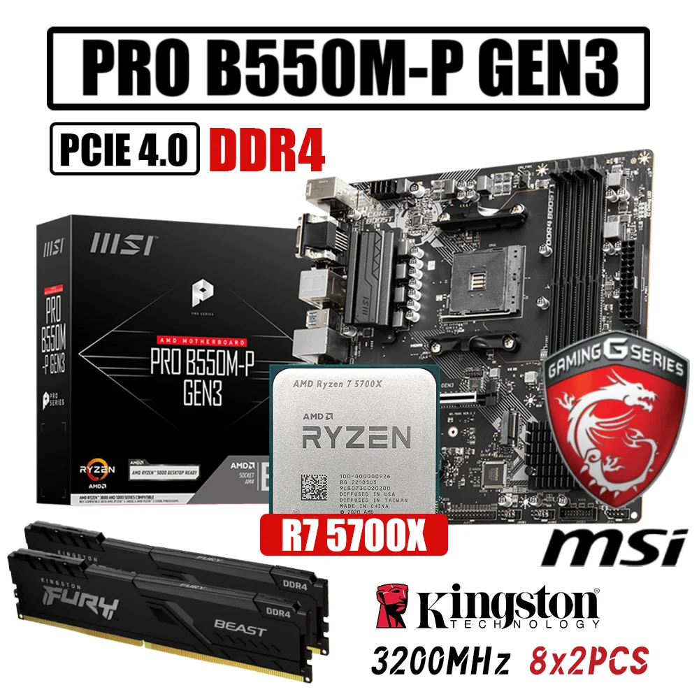 

MSI B550M-P GEN3 Combo DDR4 Motherboard AM4 With AMD Ryzen 7 5700X Processor Kit Fury DDR4 3200MHz 16G Memory Brand New Desktop