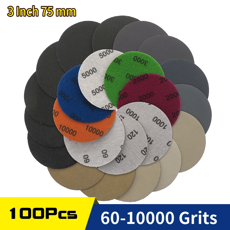 

100Pcs 3 Inch 75mm Waterproof Sanding Discs Hook Loop Silicon Carbide Sandpaper Wet/Dry 60 -10000 Grit For Polishing Grinding