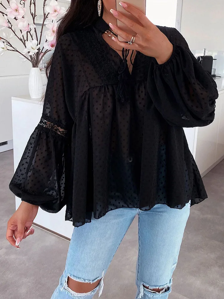 

Sexy Loungewear Simple Women Holiday Patchwork Blouses Summer Dot Printing Pullover V-Neck Ladies Sweatshirts Streetwear Blusas