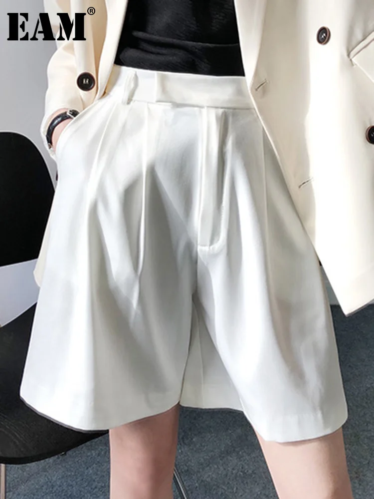 

[EAM] High Waist Black Pockets Pleated Casual Knee Length Pants New Loose Fit Trousers Women Fashion Spring Summer 2023 1DF4549