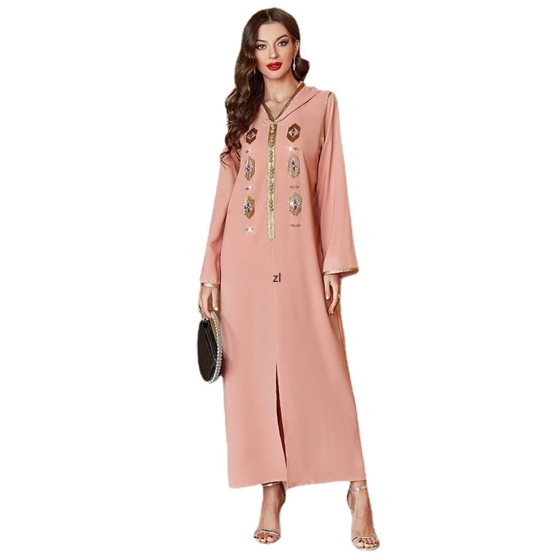 

Morocco Hooded Abaya Dress Chic Hand Sew Rhinestone Golden Tube Tape Trim Kaftan Dubai Turkey Arab Muslim Robe Pink Eid