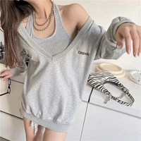 grey sweatshirts vest womens loose design two piece autumn v neck strapless long sleeved top hoodie social distancing women