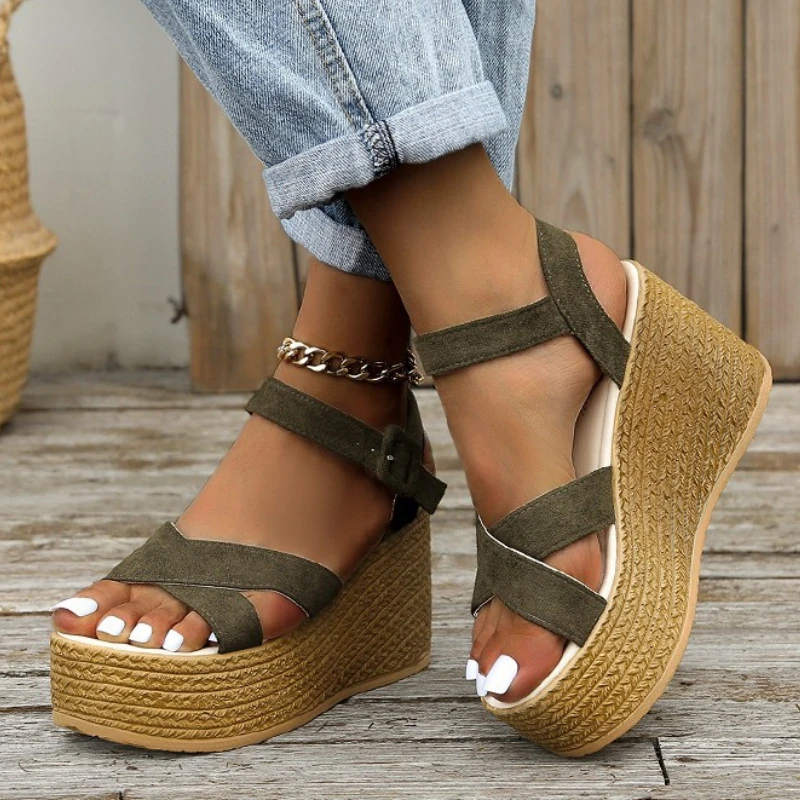 

2022 Fashion Wedge Sandals for Women Summer 2022 Casual Non-slip Peep Toe Platform Shoes Rubber Sole Buckle Elegant Heels Women