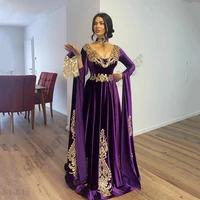 purple muslim moroccan kaftan evening dresses long sleeves saudi arab prom lace appliques french women formal party vestidos