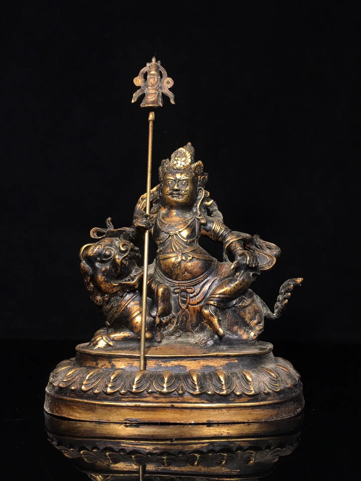 

9"Tibet Temple Collection Old Bronze Cinnabar Mud gold Treasure King Vaisravana Sitting Buddha Worship Hall Town house