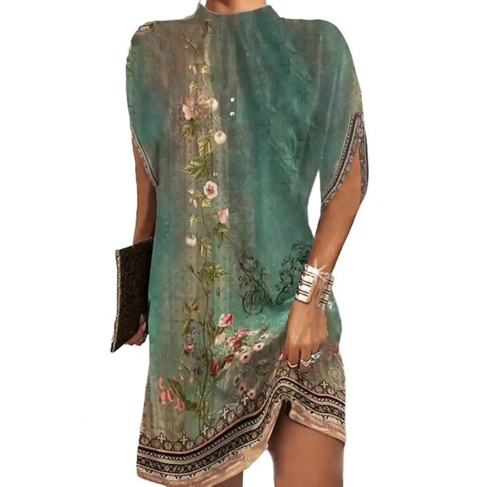 

Flowy Hem Dress Chic Streetwear Trendy Women's O-neck Batwing Mini Dress in Solid Colors Loose Fit Short Sleeve Eye-catching