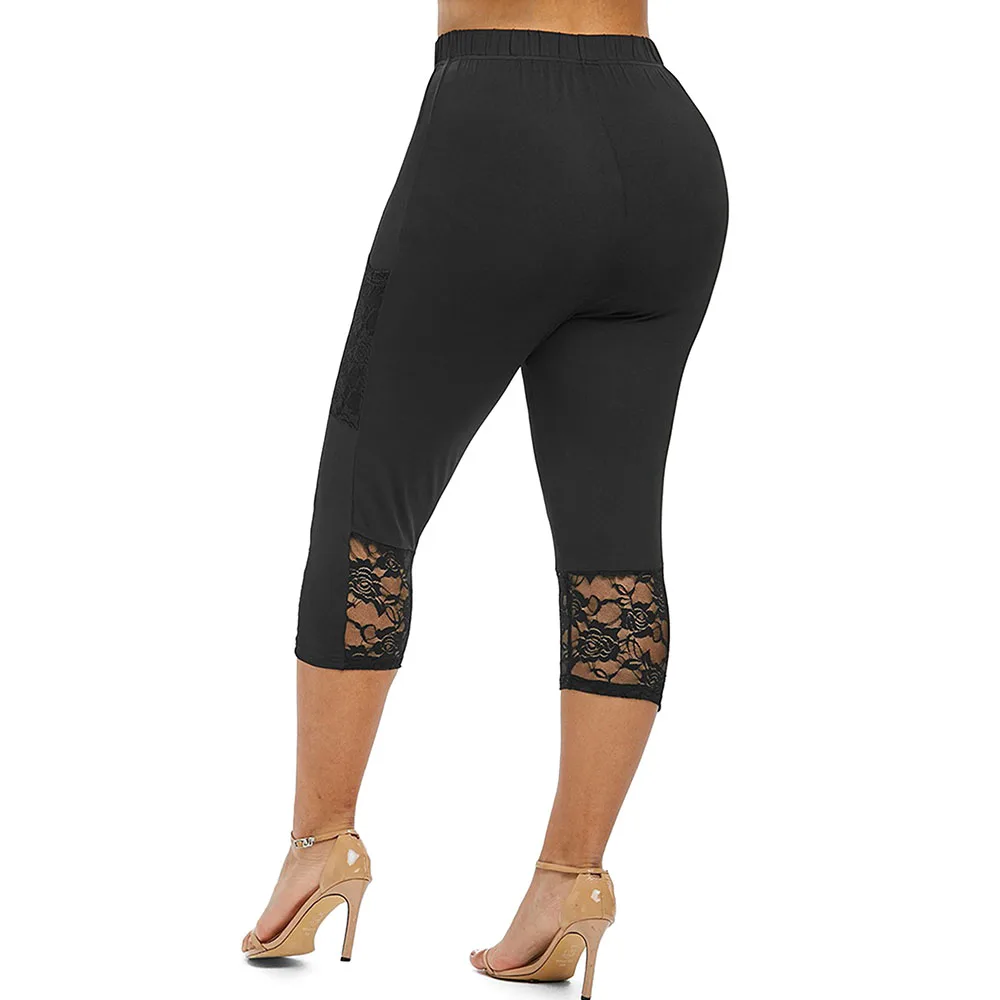 Women's Floral Lace Hem High Waist Plus Size Leggings Cut Out Black Leggings Large Size Ladies Clothes Skinny Trousers 2022