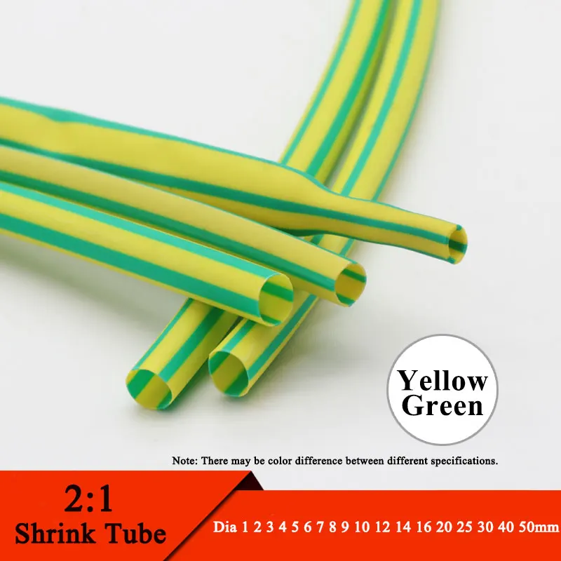 1M Yellow Green Dia 1 2 3 4 5 6 7 8 10 12 14 16 20 25 30 40 50 mm Heat Shrink Tube 2:1 Polyolefin Thermal Cable Sleeve Insulated