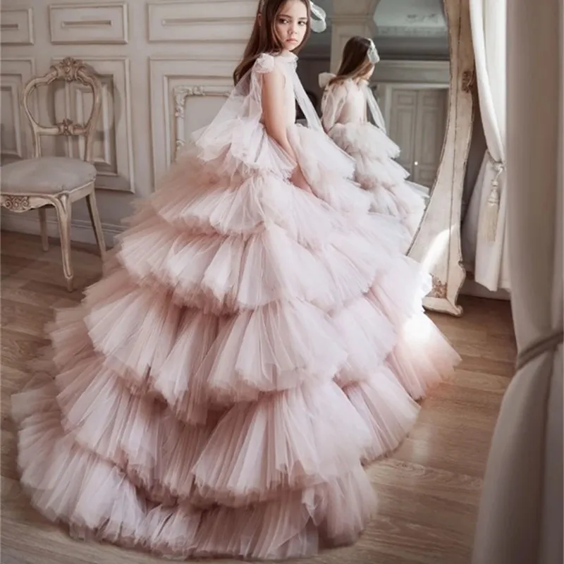 

Lotus Pink Fluffy Ruffled Edge Layered Flower Girl Dress First Wedding Formal Flower Children's Communion Birthday Evening Dress