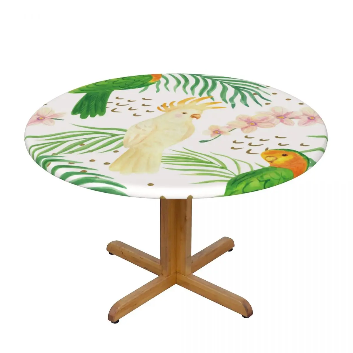 

Round Table Cover Cloth Protector Polyester Tablecloth Watercolor Summer Tropical Birds Fitted Table Cover with Elastic Edged