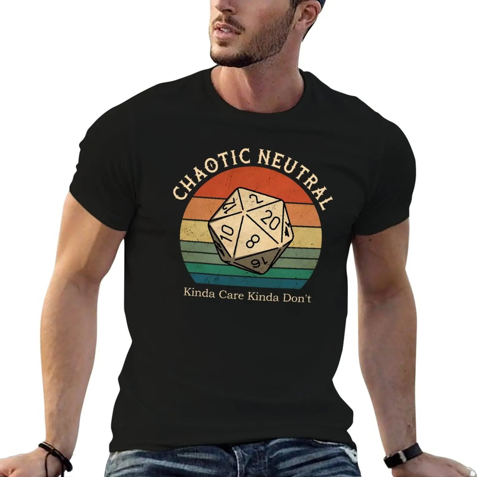 Фото Футболка с принтом «Chaotic Neutral Kinda Care Kinda Don't» в винтажном стиле, из мягкого хлопка №1