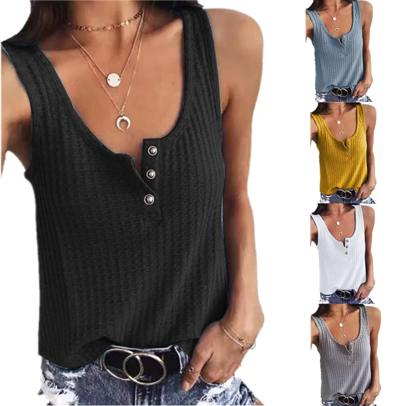 

Summer New 2023 Women's Solid Tank Top Snapped U Neck Sleeveless T-shirt Top