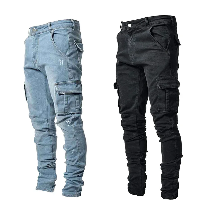 2022 New Fashion Multi Side Pocket Hip Hop Men Pencil Cargo Jeans Trousers Slim Casual Male Cotton Denim Pants Pantalon Homme