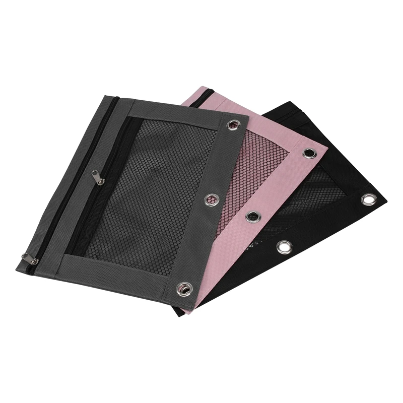 

3 Pcs 3 Ring Binder Pencil Pouches Zipper Pouch Double Pocket Pencil Bag Mesh Window Pencil Case For Students Stationery