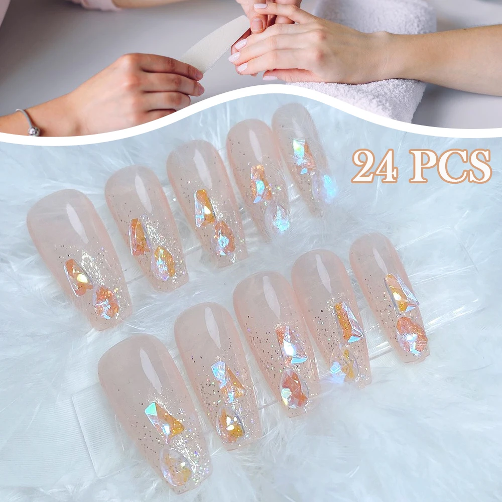 

24PCS Long Press on Nails Shiny Sequins Design Sweet Style Full Coverage Nails Finished Nails Piece Removable Save Time MH88