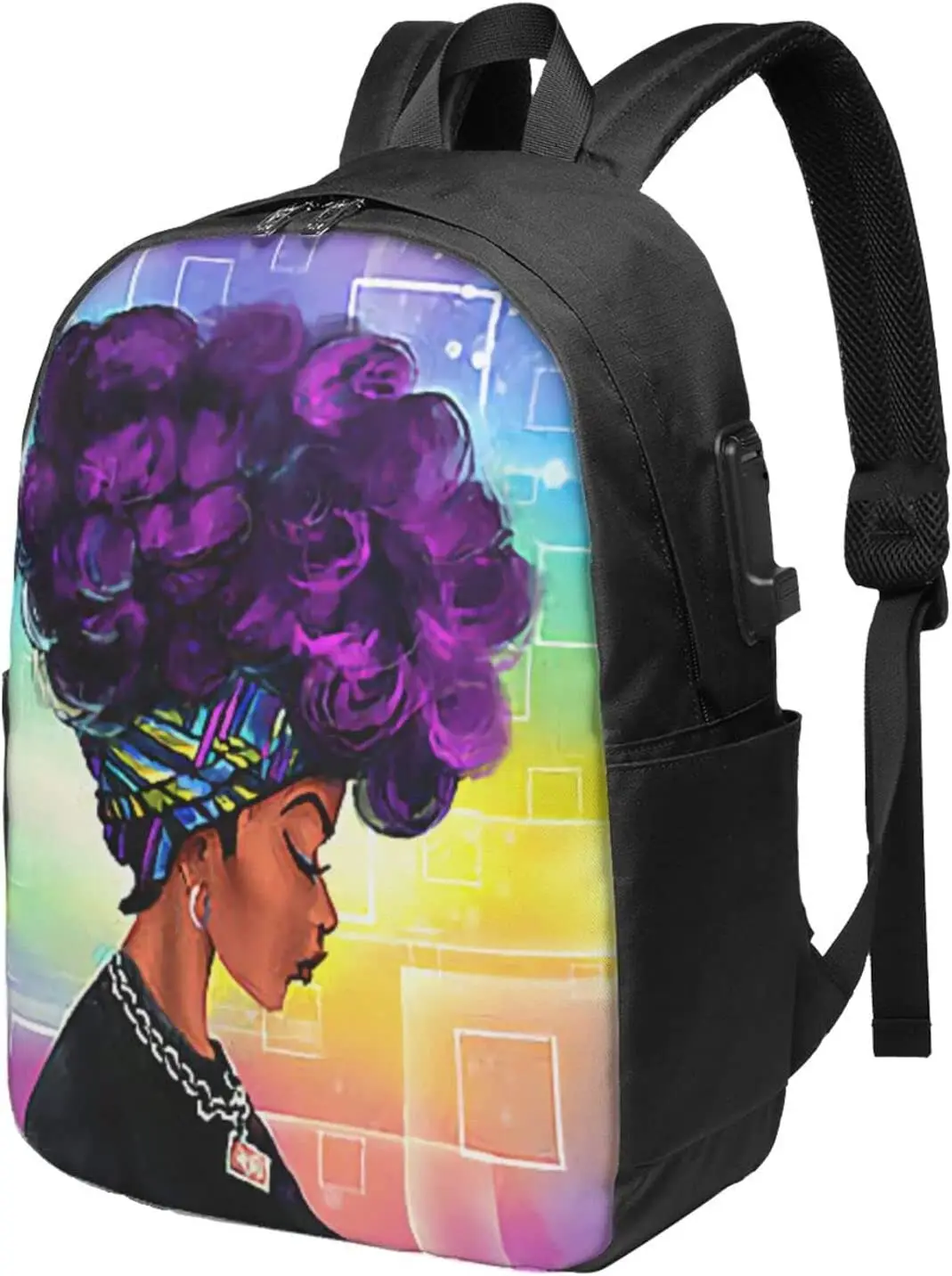 

African Women with Purple Hair Hairstyle Backpack Water Resistant Computer Bookbag 17in Laptop Backpack with Usb Charging Port