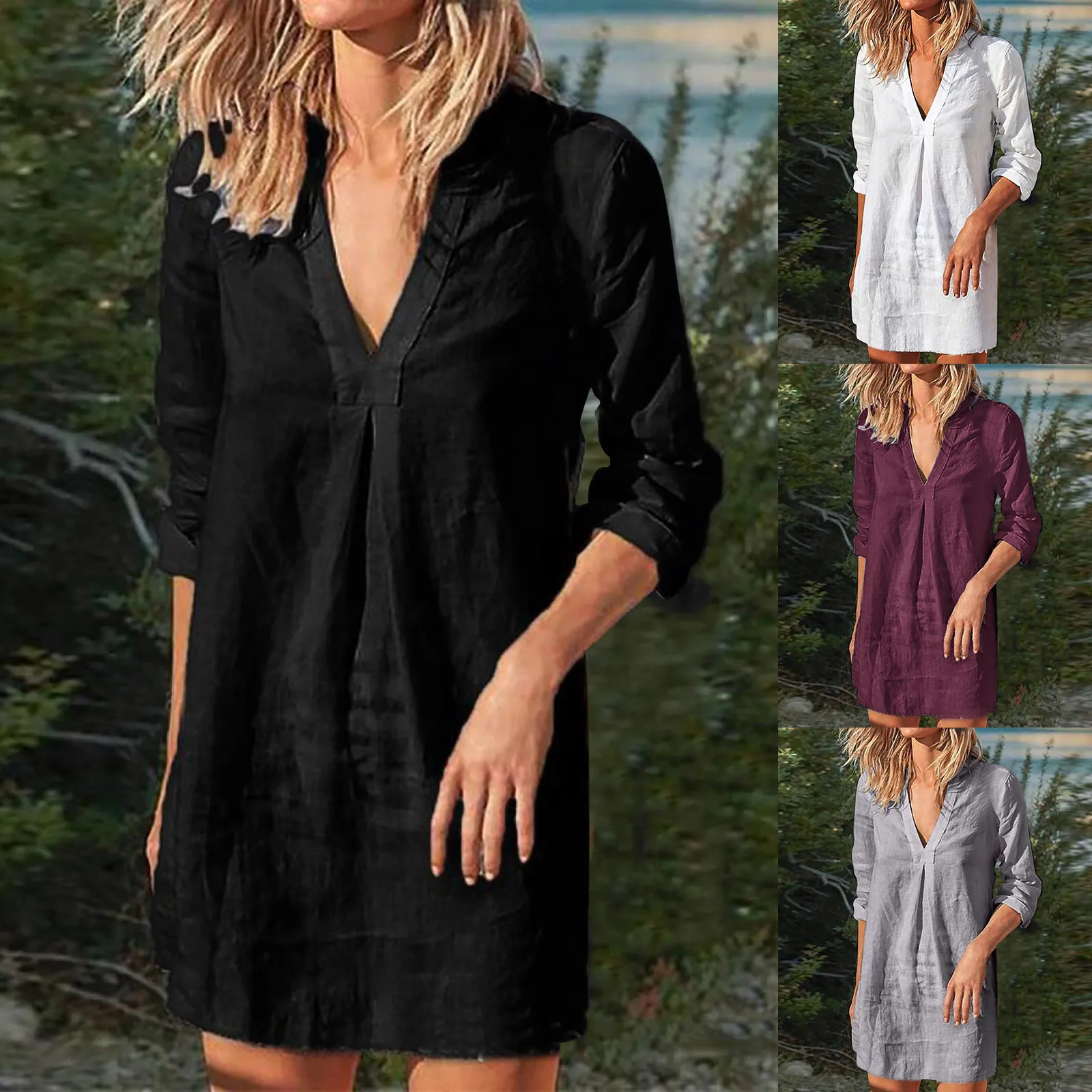 

Womens Button Down Knee Length Midi Dress V Neck Split Casual Long Sleeve Dress Maxi Shirt Dresses