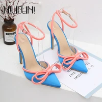 elegant bow pointed mixed color stiletto heels womens sandals shoes size 35 42 silk slingback ankle strap buckle pumps sandals