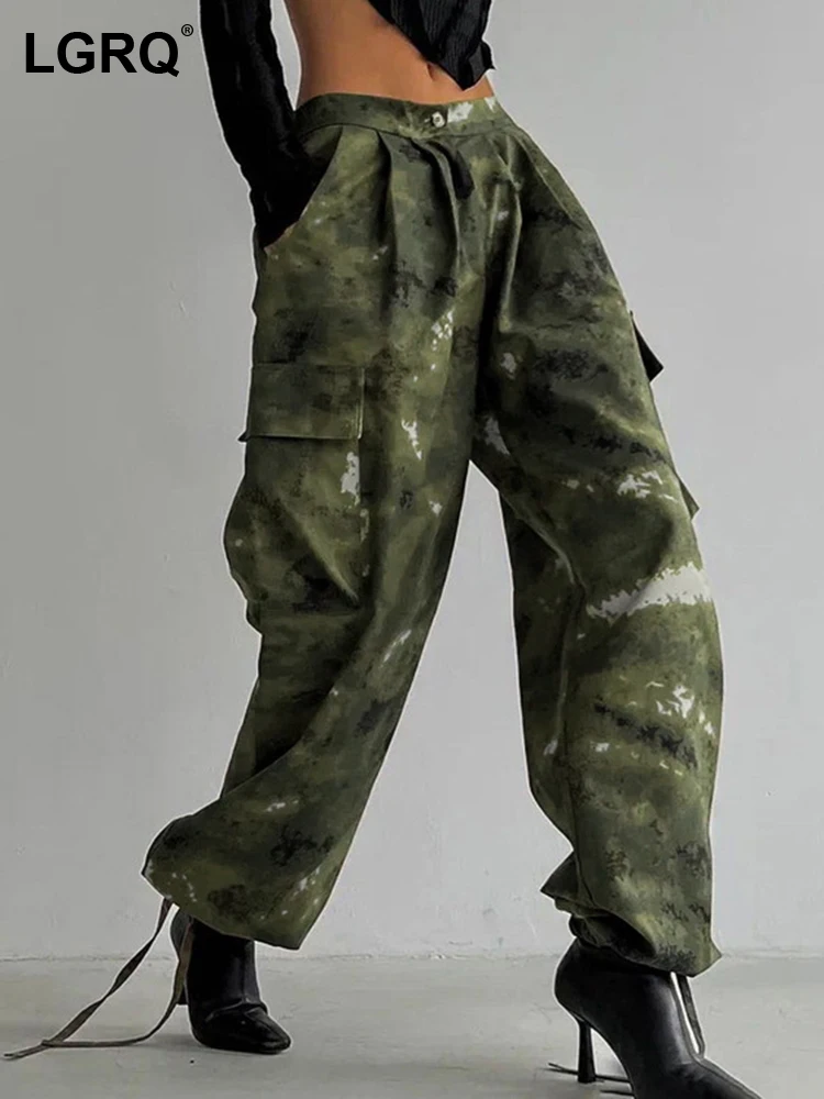 

LGRQ Camouflage Cargo Pants For Women High Waist Patchwork Drawstring Loose Trousers Female Summer 2023 New Fashion Tide 19J4427