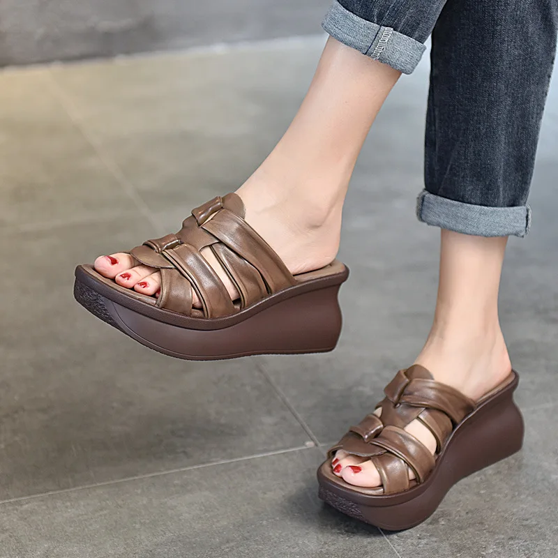 

YourSeason 2022 New Women Retro High Slope Heel Slippers Summer Genuine Leather Comfortable Solid Peep Toe Lady Casual Shoes