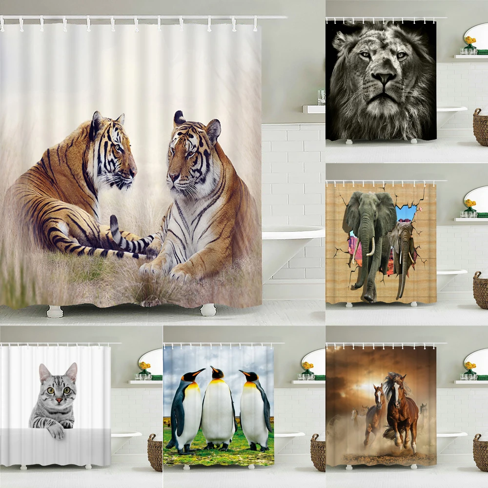 

Tiger Shower Curtains Waterproof Fabric 3d Bathroom Curtains Animals With Hooks Decoration Large Size 240X180cm Bath Screen
