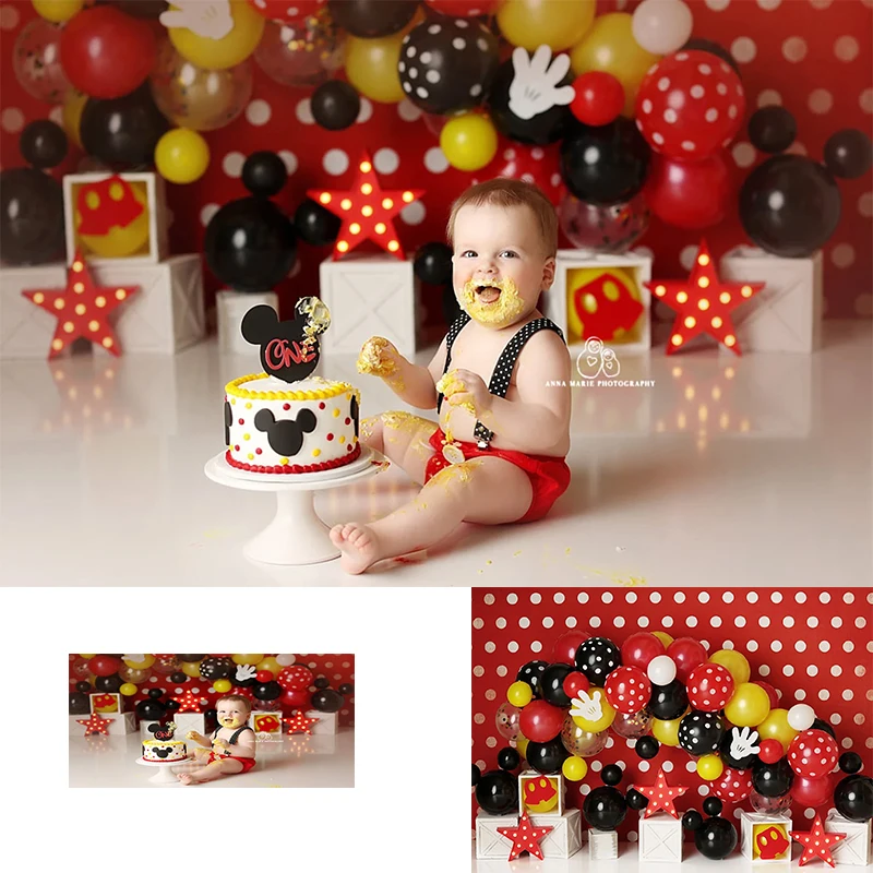 Red Mickey Mouse Party Ballons Backdrops Newborn Baby Shower Background Wall Cloth Baby Shower Kids Birthday Party Decoration