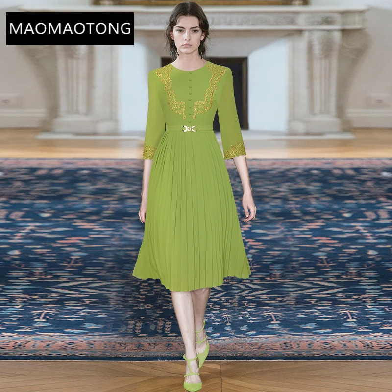 

Fashion Designer Summer Green Dress Women 3/4 sleeve Embroidery High waist Vintage Pleated Midi Dress