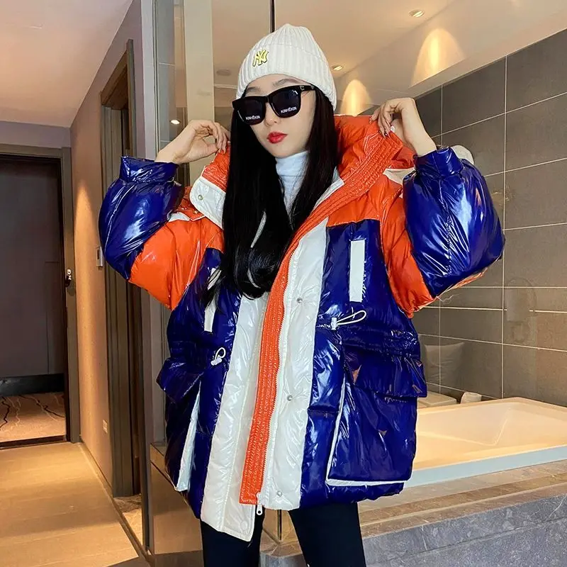 

Women Winter Parka Jacket Oversized Fashion Patchwork Print Hooded Cotton Down Jackets Big Pocket Spliced Thick Warm Coat L64