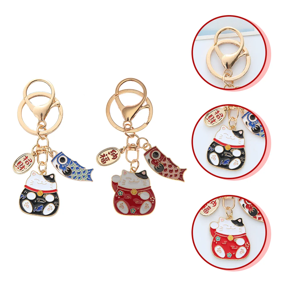 

2 Pcs Key Ring Fortune Cat Schoolbag Decor Pendant Retro Telephone Accessory Car Toys Japanese Style Chain Decoration