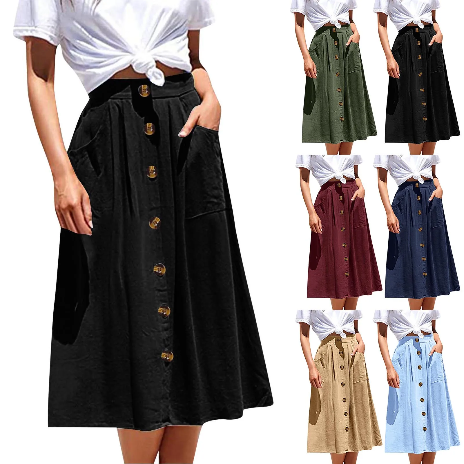 

Women Spring Summer Button Pocket Skirt Solid Color High Waist Fashion Casual A Line Midi Skirt With Pocket Long Skirts
