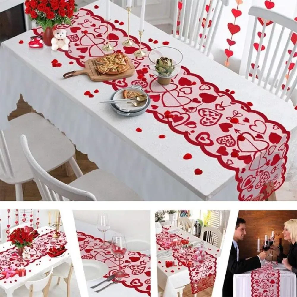 

Red Heart Lace Table Runner Tablecloth Fireplace Rectangle Table Cover For Home Wedding Theme Party Valentines Day Decoration
