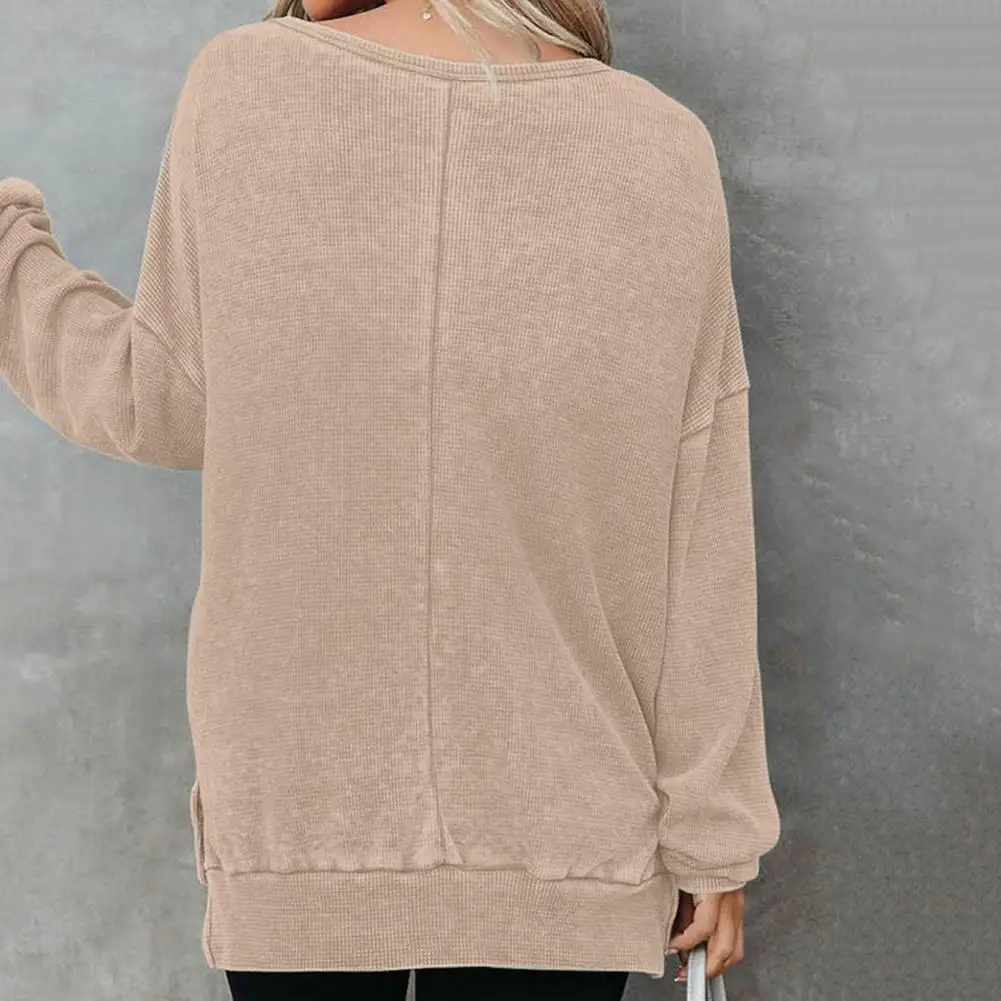 

Polyester Women Sweater Oversized Waffle Knit Crewneck Sweatshirts Women's Casual Pullover Tops with Long Sleeves Side Slits
