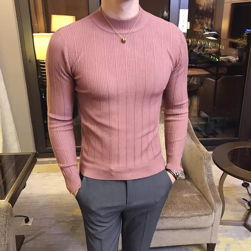 

New Autumn Winter High Collar Striped Sweater Fashion Boutique Solid Color Men's Casual Knit Pullover Tight Fashion Mens Sweater
