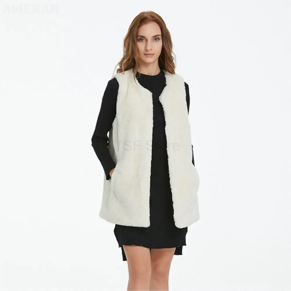 Women Winter Real Fur Cardigan Vest Sleeveless Long Pure Color Single Breasted Coat Leisure Fashion Soft Fur Coat Women
