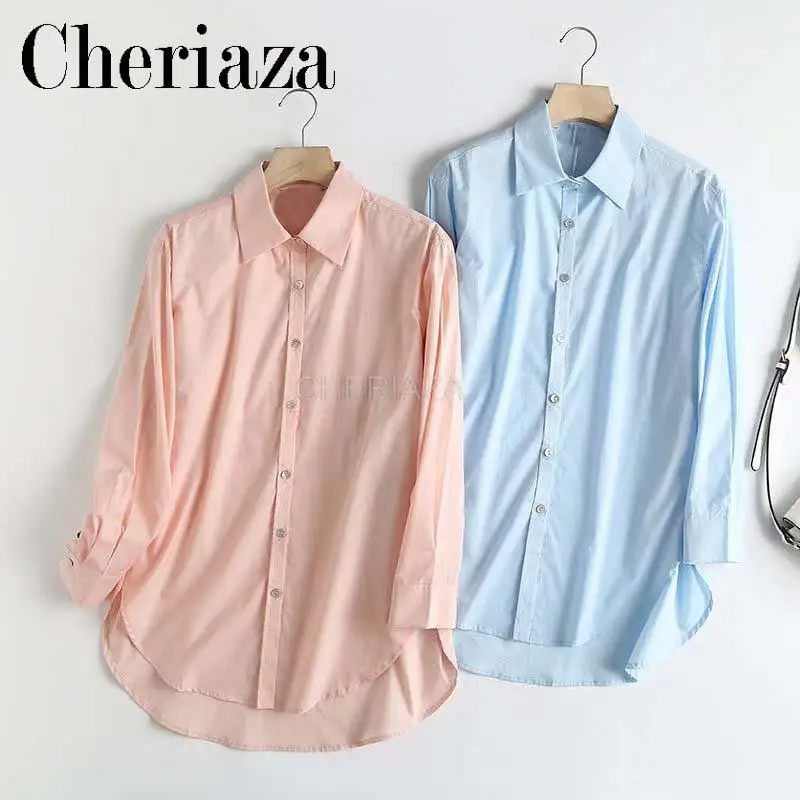 

CHeriaza Spring and Autumn New Women's Clothing Temperament Cotton Plain Poplin Shirt Women's White Loose Casual Top