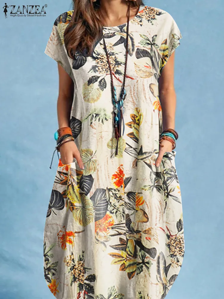 

Платье ZANZEA 2022 женское с цветочным принтом, сарафан с коротким рукавом, длиной до колен, повседневная одежда в стиле оверсайз