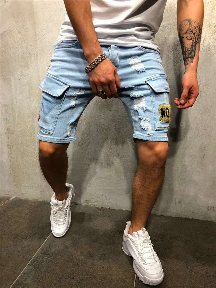 

Шорты мужские рваные из денима, модные джинсовые брюки стрейч в стиле хип-хоп, с карманами, синие узкие, летняя брендовая одежда