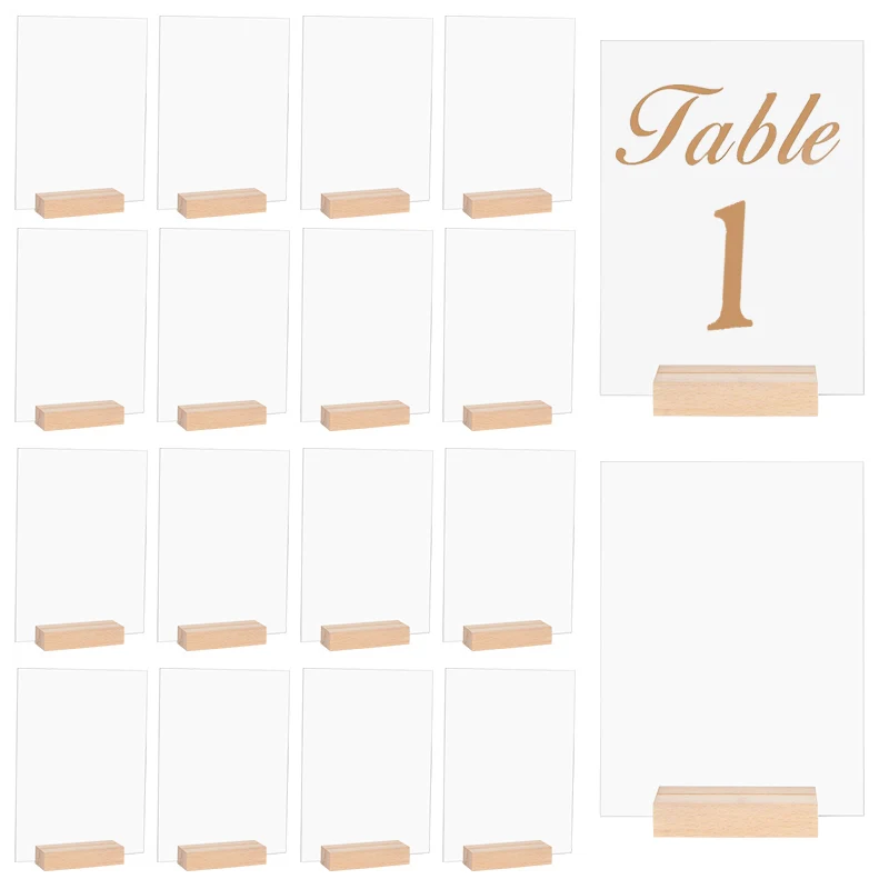 10Pcs Blank Clear Table Number Signs Acrylic Display Stand with Wooden Base Place Card Holder for Wedding Party Table Decoration