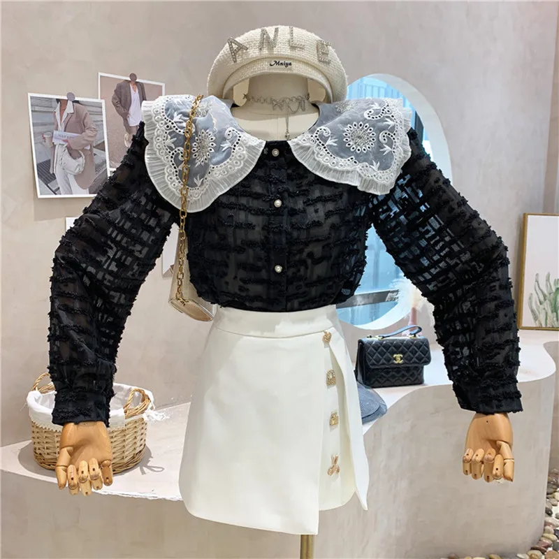 

Niche Design New Women's Clothing 2022 Spring Temperament Long Sleeve Doll Collar Bottomed Shirt Tops Blusa Feminina